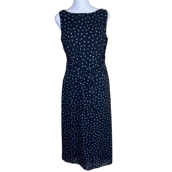 Vintage 90s Y2K Virgo Black Polka Dot Maxi Dress Tie Front Boat Neck Sz 10 P - Picture 1 of 16